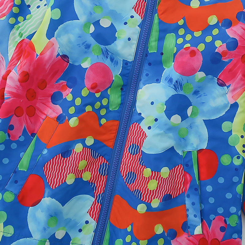 Arrival European and American Style Girls’ Hooded Zip-up Colorful Flowers Pattern Coat with Long Sleeves-3