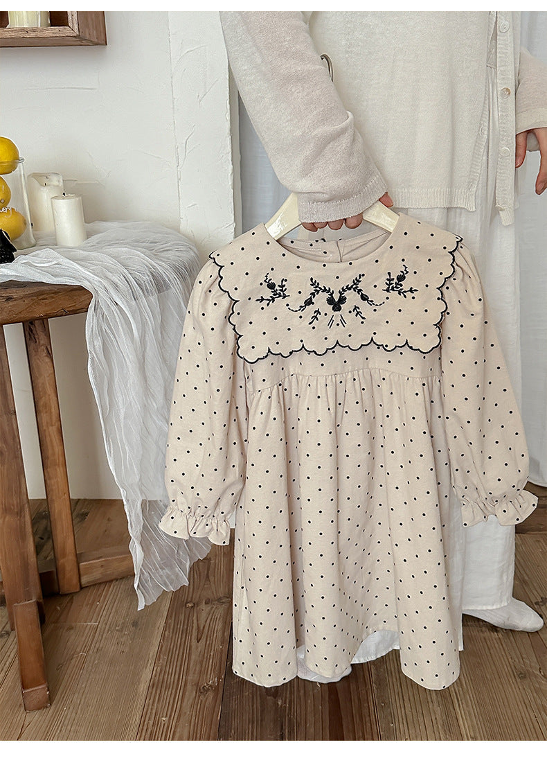 Arrival Autumn Girls Vintage Crew Neck Long Sleeves Dots Print and Flowers Embroidery Pattern Dress-0