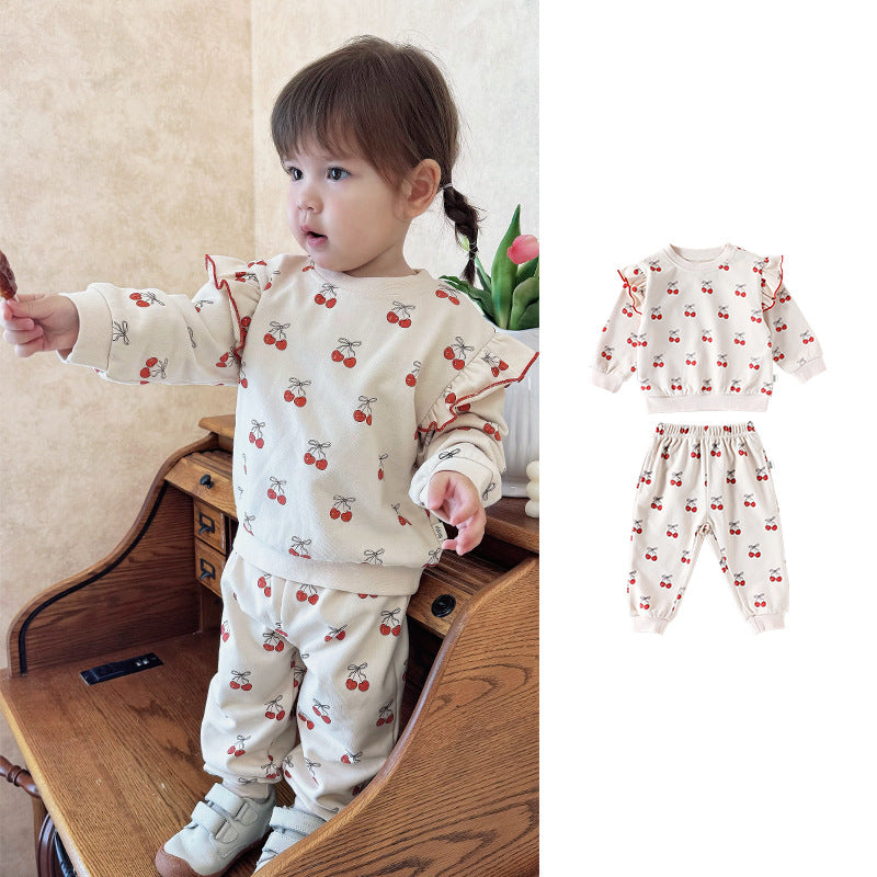 Spring and Autumn Girls Cherry Pattern Long Sleeves Top and Pants Clothing Set-0