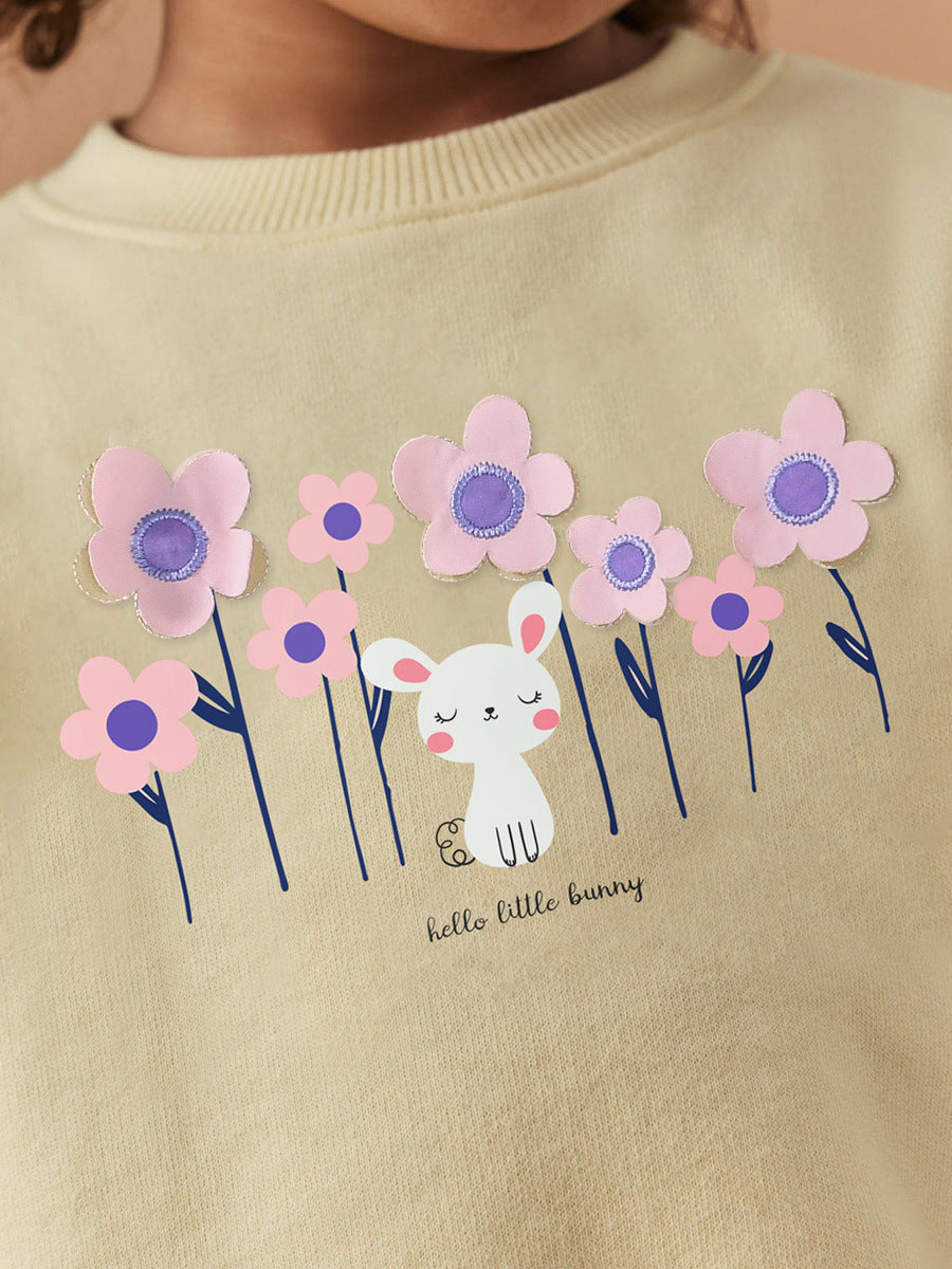 Autumn Warm Baby Kids Girls Cartoon Rabbit And Flowers Pattern Pullover Clothing Long Sleeves Top Sweatshirt-4