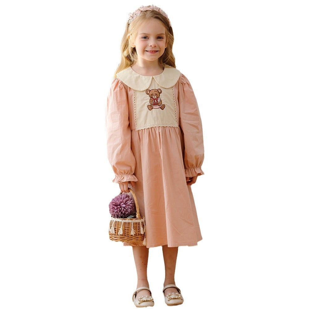 Arrival Autumn Girls Pink Long Sleeves Dress with Teddy Embroidery Pattern-3