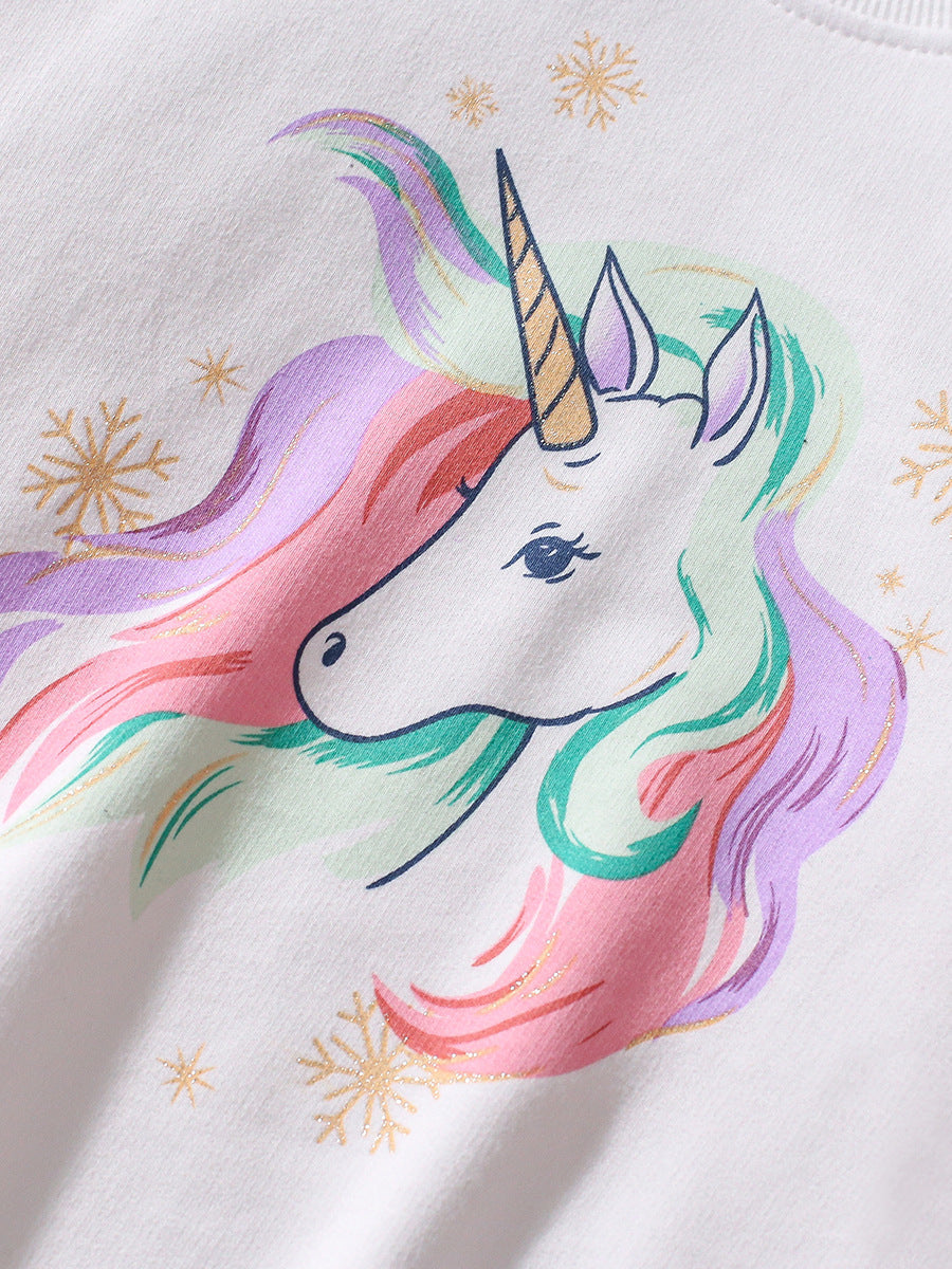 Spring And Autumn Girls Cartoon Unicorn Pattern Long Sleeves Crew Neck Top Sweatshirt And Pants Clothing Set-3