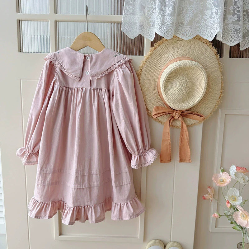 Arrival Girls Autumn French Flowers Embroidered Pattern Long Sleeves Dress