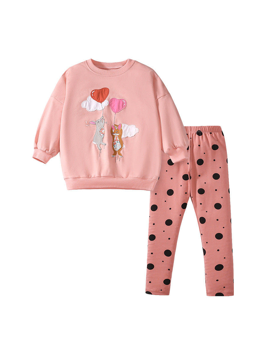 Spring and Autumn Girls Cartoon Rabbit and Balloon Pattern Long Sleeves Crew Neck Top Sweatshirt and Polka Dots Pants Clothing Set-0