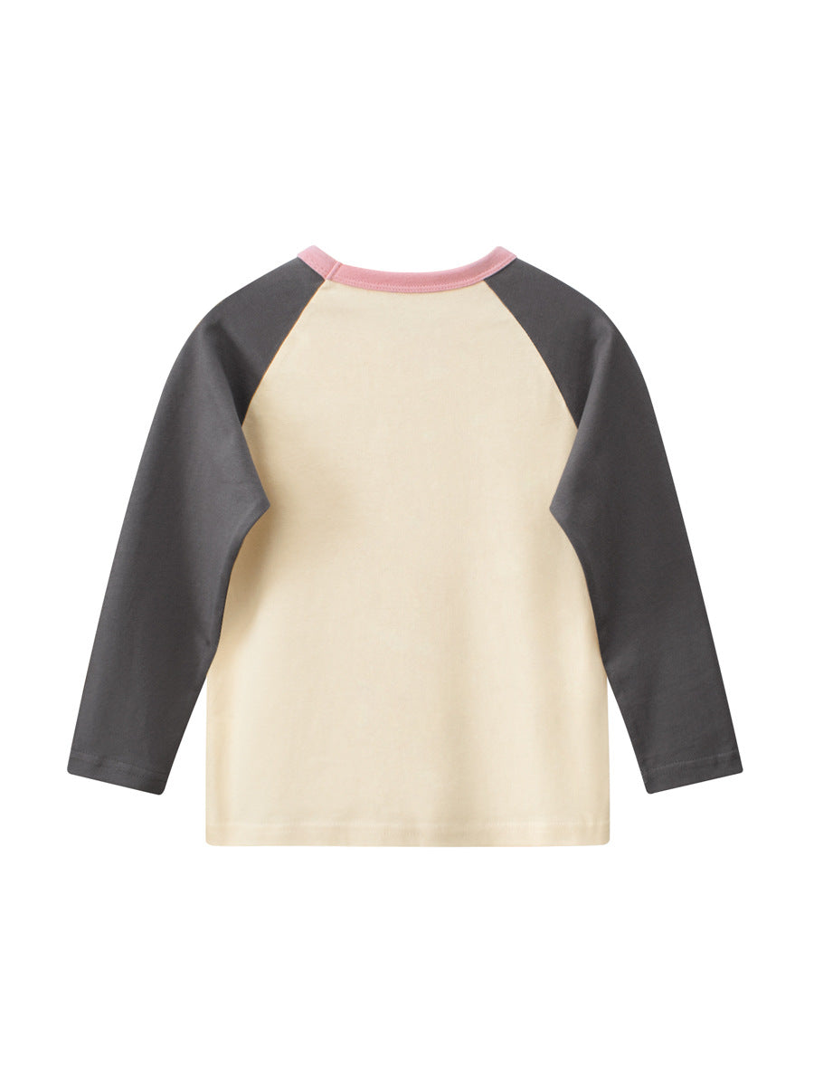 Autumn Arrival Kids Girls Cartoon Print Crew Neck Long Sleeves Color Patchwork Shirt