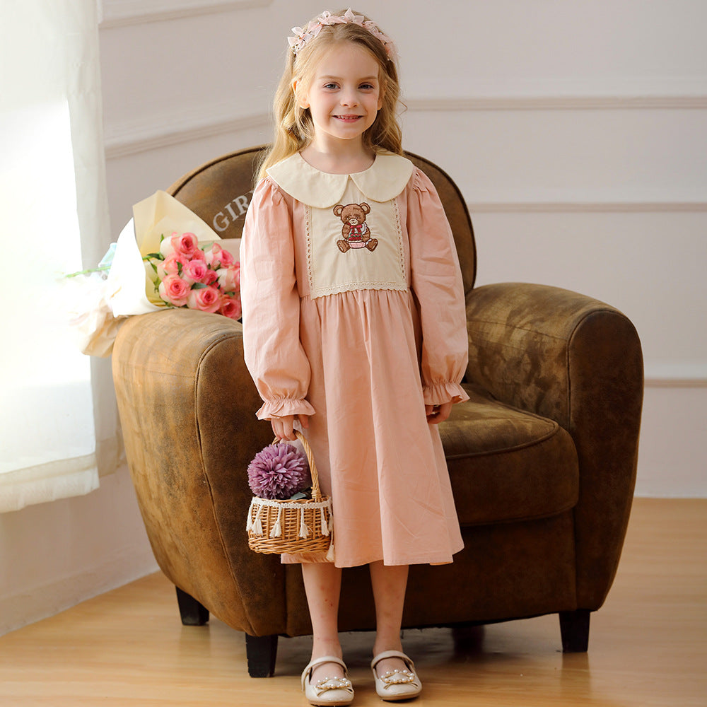 Arrival Autumn Girls Pink Long Sleeves Dress with Teddy Embroidery Pattern-4