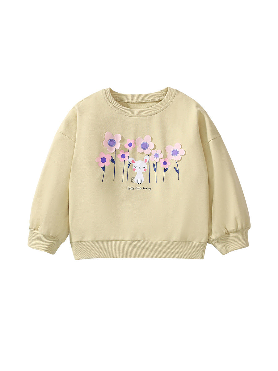 Autumn Warm Baby Kids Girls Cartoon Rabbit And Flowers Pattern Pullover Clothing Long Sleeves Top Sweatshirt-0