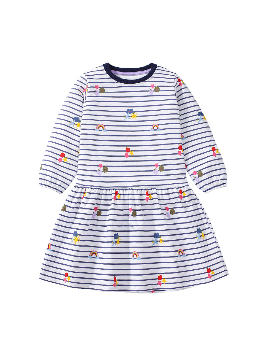 Best Selling Autumn Girls Rainbow And Striped Pattern Crew Neck Long Sleeves Dress-0
