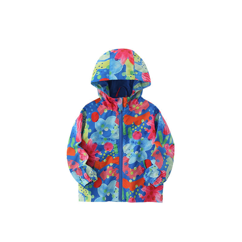Arrival European and American Style Girls’ Hooded Zip-up Colorful Flowers Pattern Coat with Long Sleeves-0