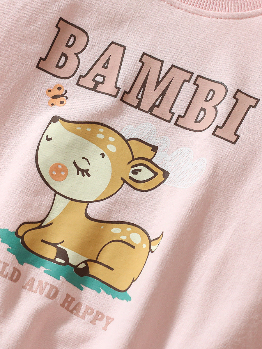 Spring And Autumn Girls Cute Cartoon Little Bambi Print Top Sweatshirt And Solid Color Pants-4