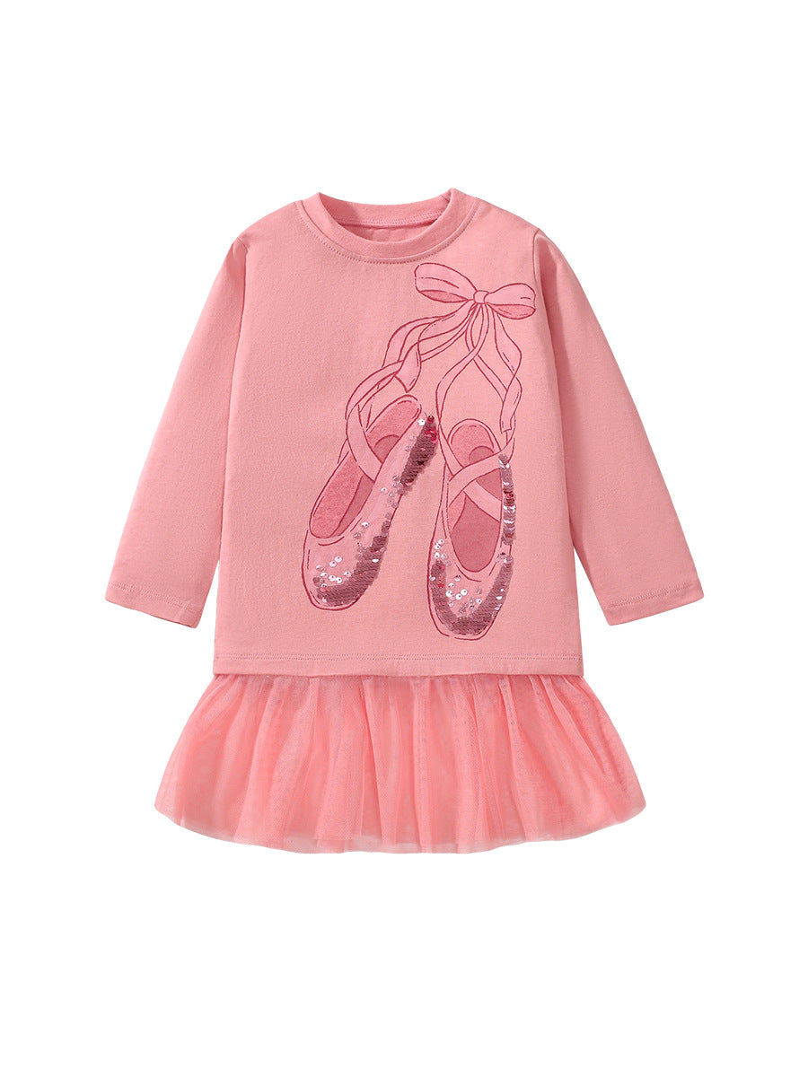 Girls’ Cartoon Dancing Shoes Long Sleeves T-Shirt Dress In European And American Style For Autumn-0
