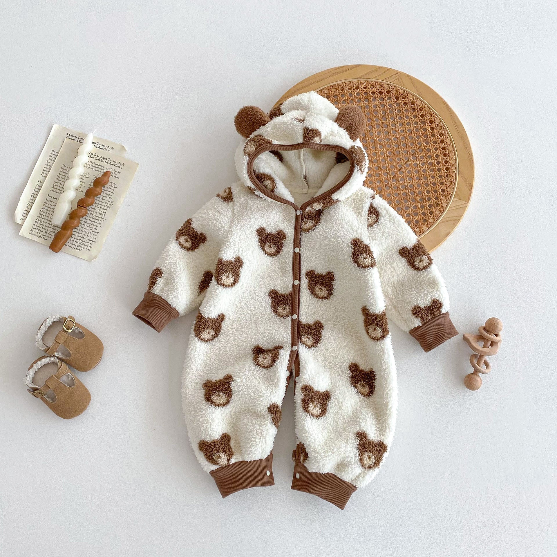 Winter Arrival Baby Cute Teddy Hooded Design Warm Fleece Rompers-3