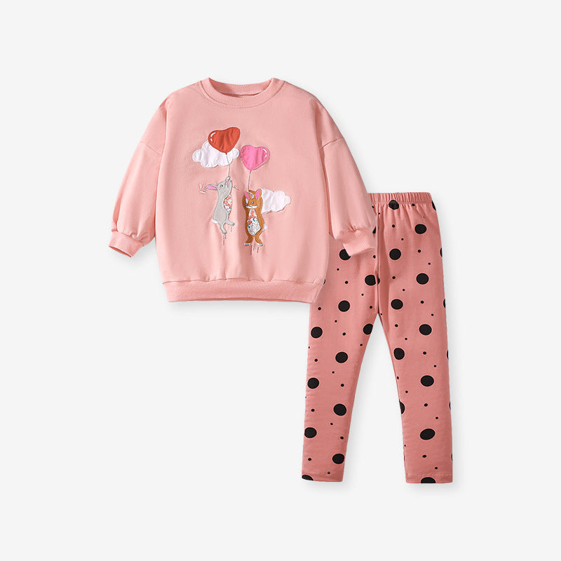 Spring and Autumn Girls Cartoon Rabbit and Balloon Pattern Long Sleeves Crew Neck Top Sweatshirt and Polka Dots Pants Clothing Set-1