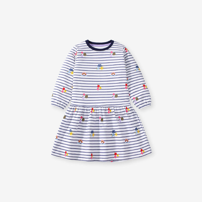 Best Selling Autumn Girls Rainbow And Striped Pattern Crew Neck Long Sleeves Dress-1