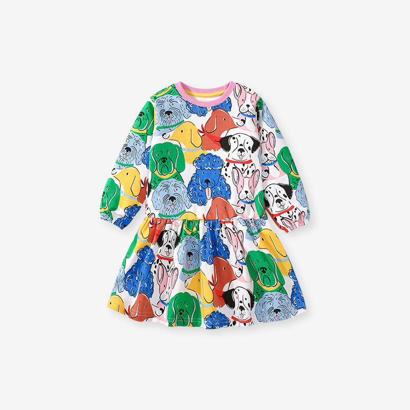 Design Autumn Girls Vivid Colorful Dogs Pattern Dress-1