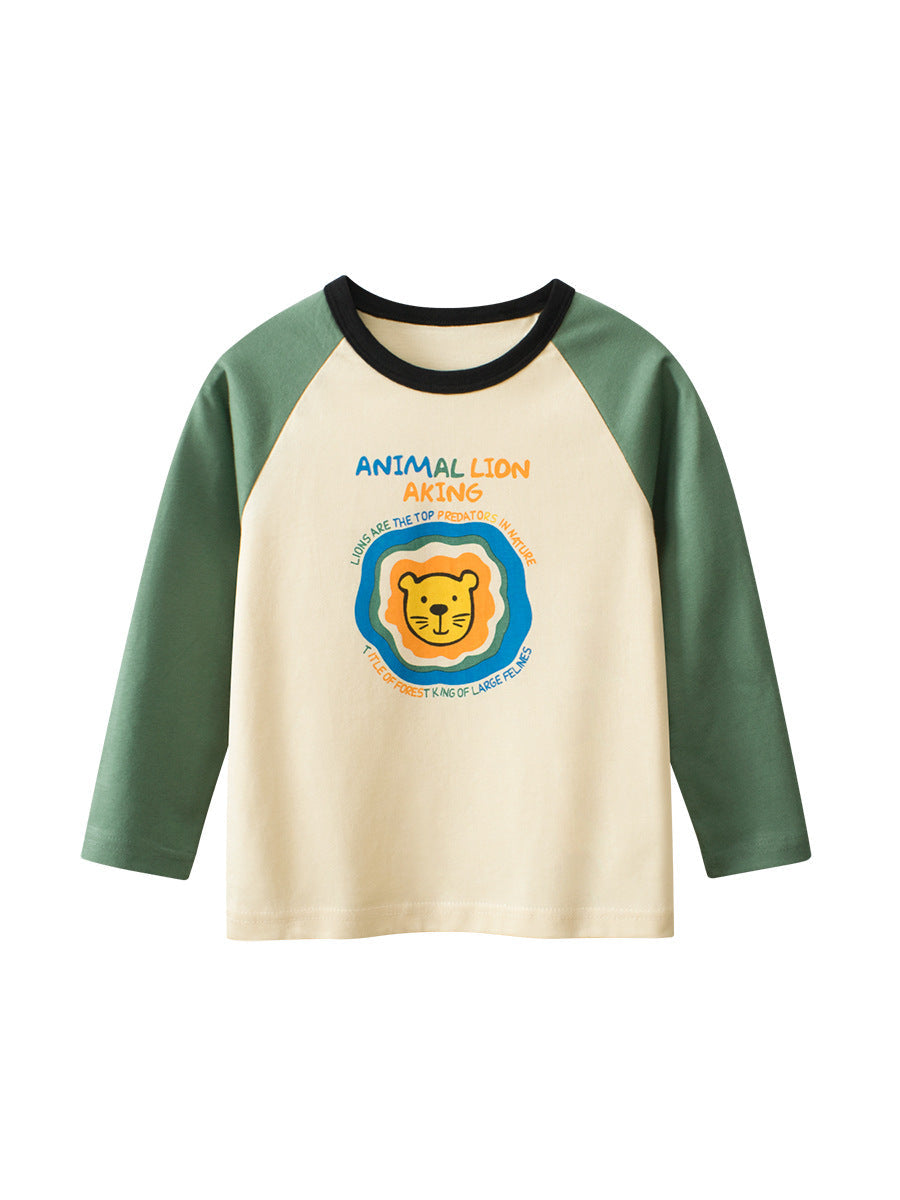 Autumn Baby Boys Letters and Lion Print Color Patchwork Long Sleeves Crew Neck Base Top Shirt-0