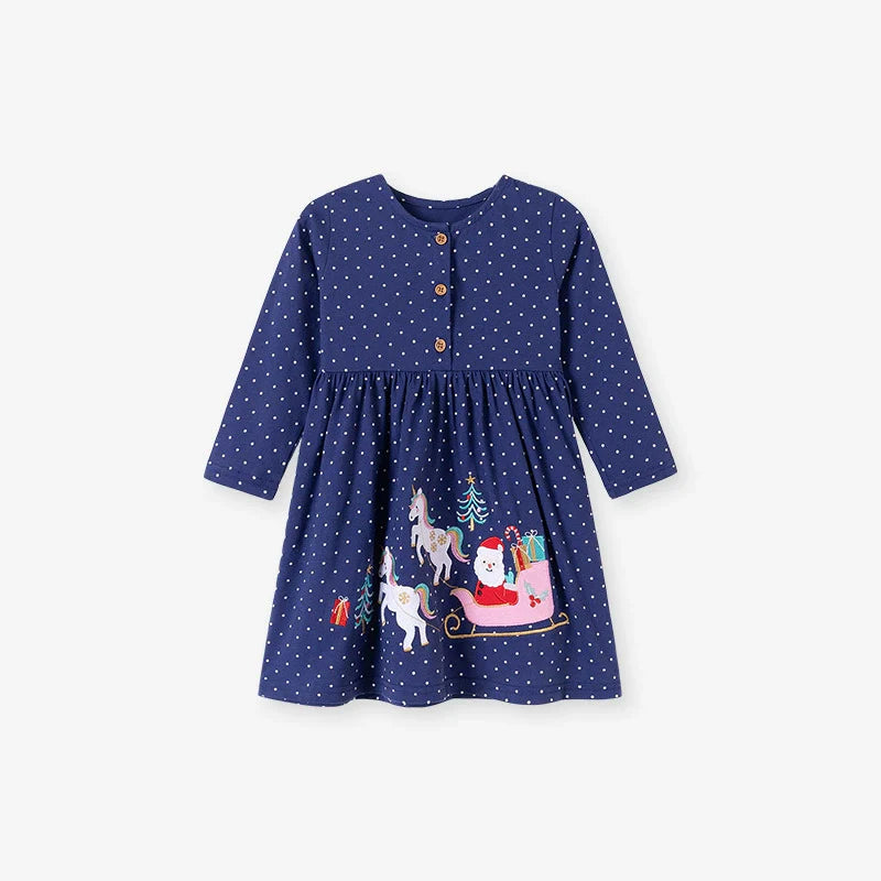 Autumn and Spring Arrival Christmas Cartoon and Dots Pattern Long Sleeves Crew Neck Dress for Stylish Girls-0