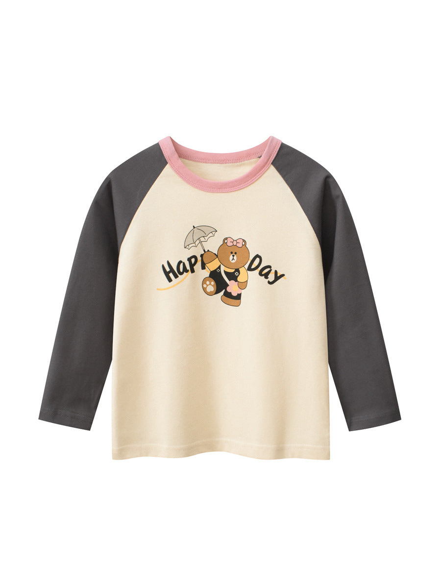 Autumn Arrival Kids Girls Cartoon Print Crew Neck Long Sleeves Color Patchwork Shirt