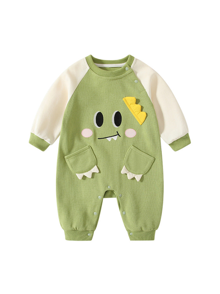 Spring Arrival Baby Cartoon Dragon Pattern Color Patchwork Romper-4