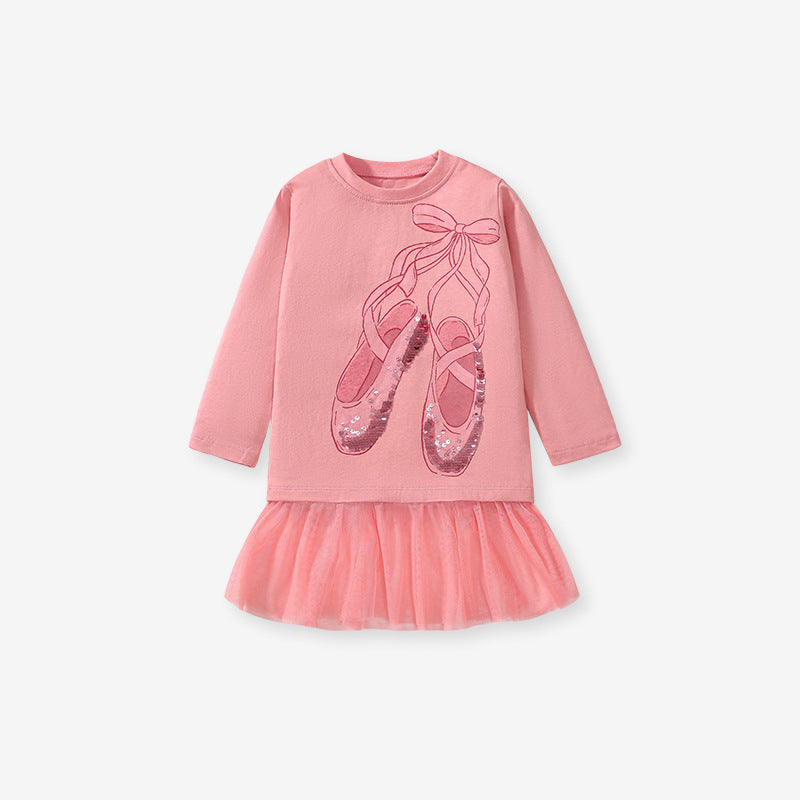 Girls’ Cartoon Dancing Shoes Long Sleeves T-Shirt Dress In European And American Style For Autumn-1