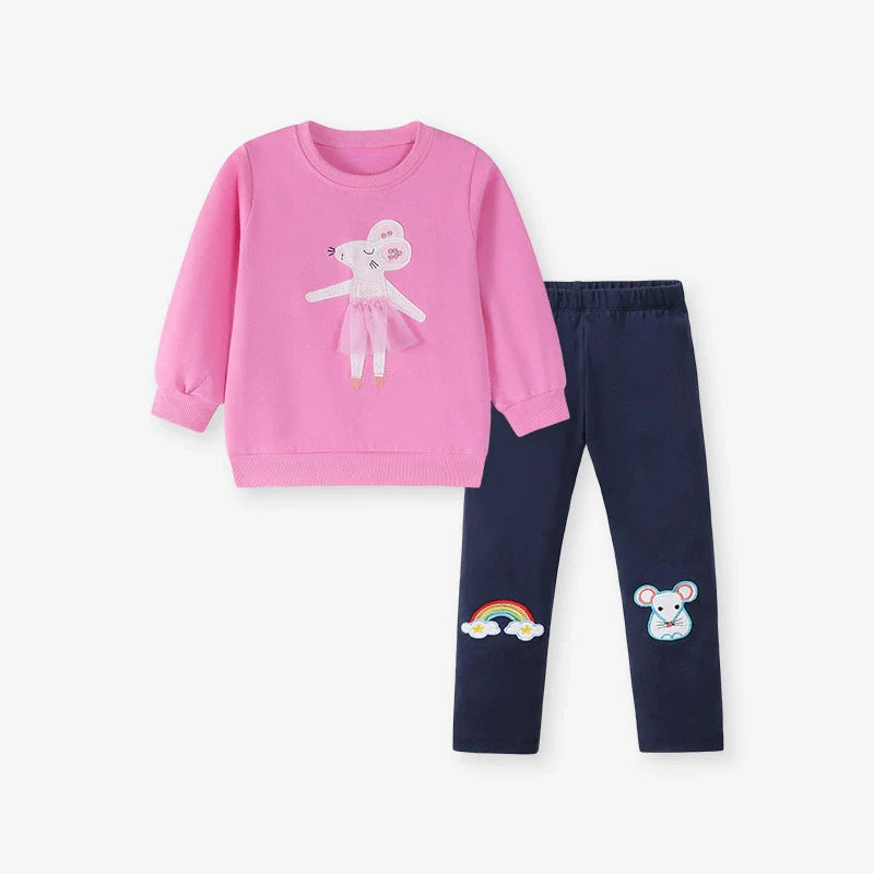 Spring and Autumn Girls Animals Cartoon Pattern Long Sleeves Pullover and Pants Clothing Set