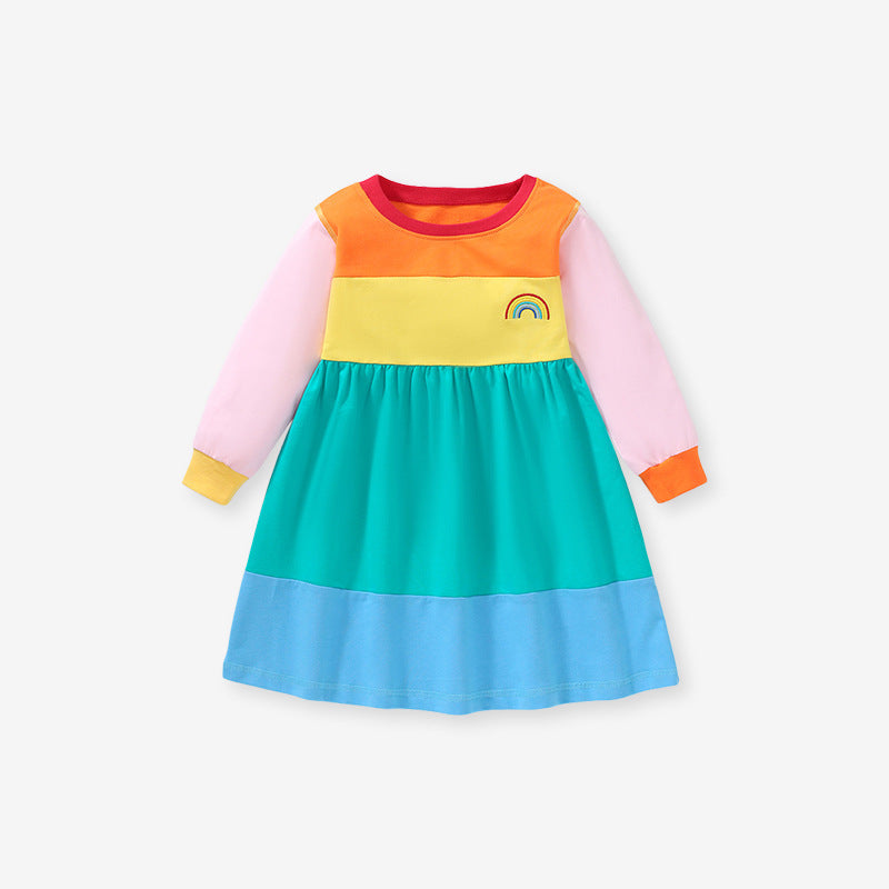 Arrival Autumn Girls Long Sleeves Rainbow Color Patchwork Crew Neck Dress-1