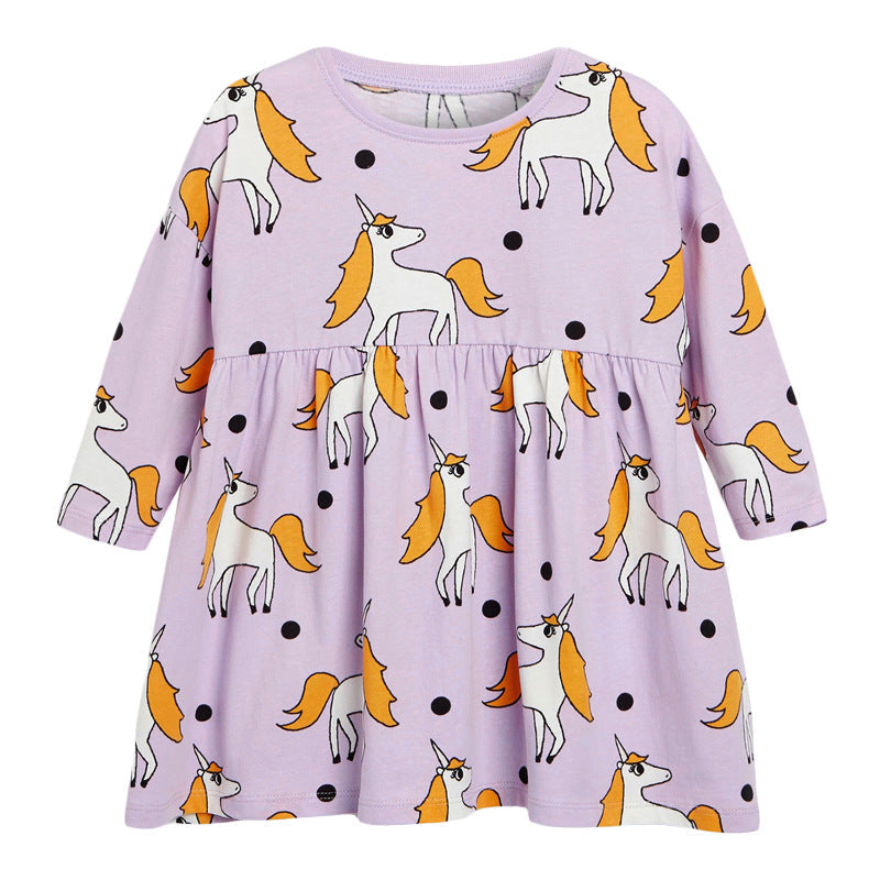 Baby Girl Unicorn Pattern Long Sleeves Style Dress In Autumn Wearing Outfits-0