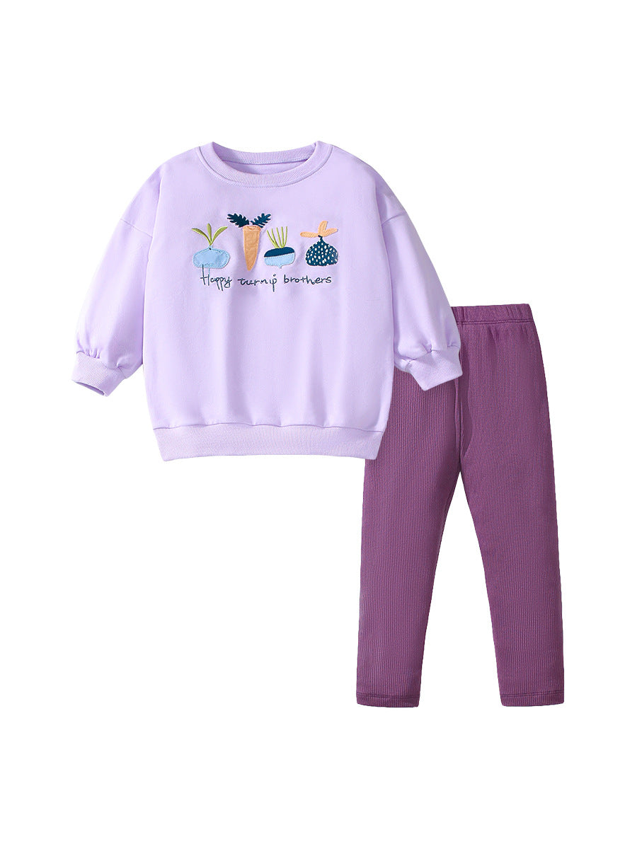 Spring and Autumn Girls Cartoon Turnip Brothers Pattern Long Sleeves Crew Neck Top Sweatshirt and Pants Clothing Set-0