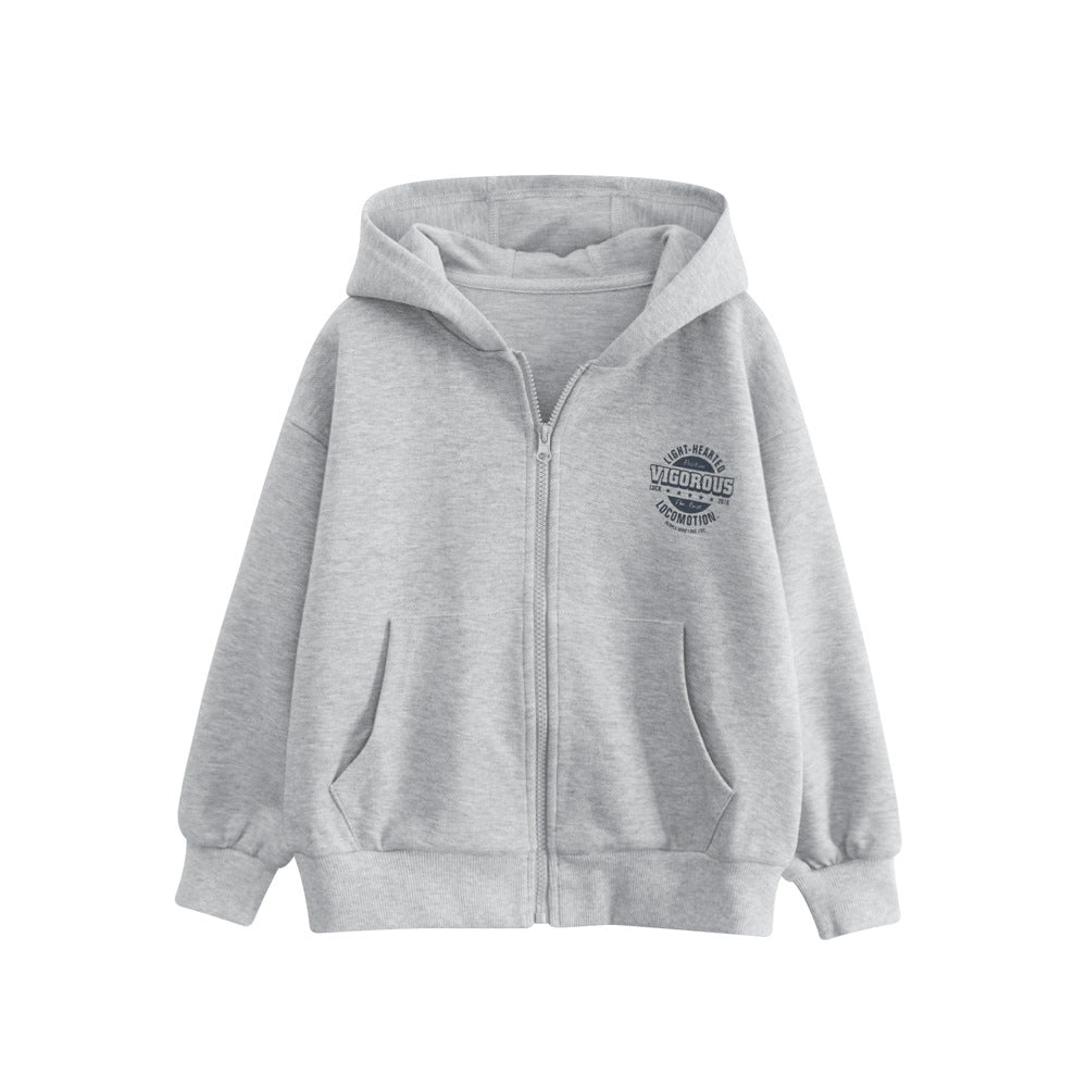 Spring European and American Style Kids’ Outerwear: Letters Print Long Sleeves Zip-up Hooded Coat for Children-0