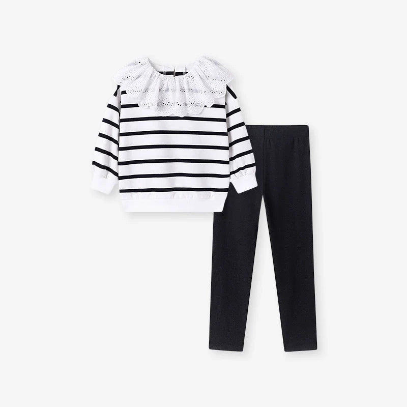 Spring and Autumn Girls Striped Pattern Long Sleeves Sweatshirt and Black Pants Clothing Set-0