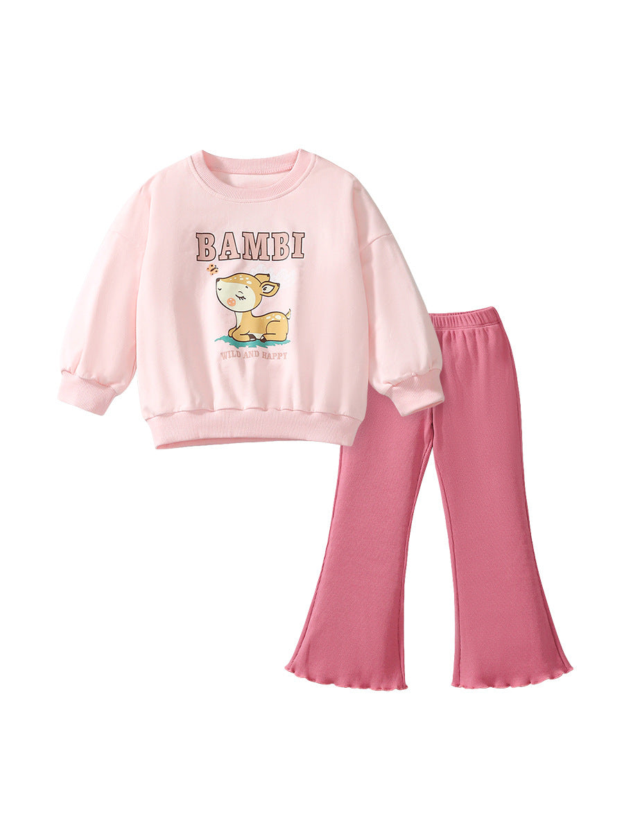 Spring And Autumn Girls Cute Cartoon Little Bambi Print Top Sweatshirt And Solid Color Pants-0