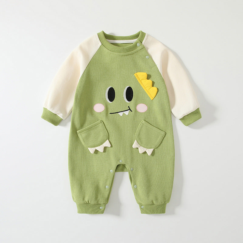 Spring Arrival Baby Cartoon Dragon Pattern Color Patchwork Romper-5