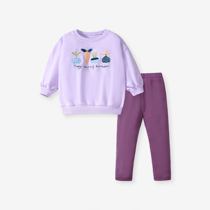 Spring and Autumn Girls Cartoon Turnip Brothers Pattern Long Sleeves Crew Neck Top Sweatshirt and Pants Clothing Set-1