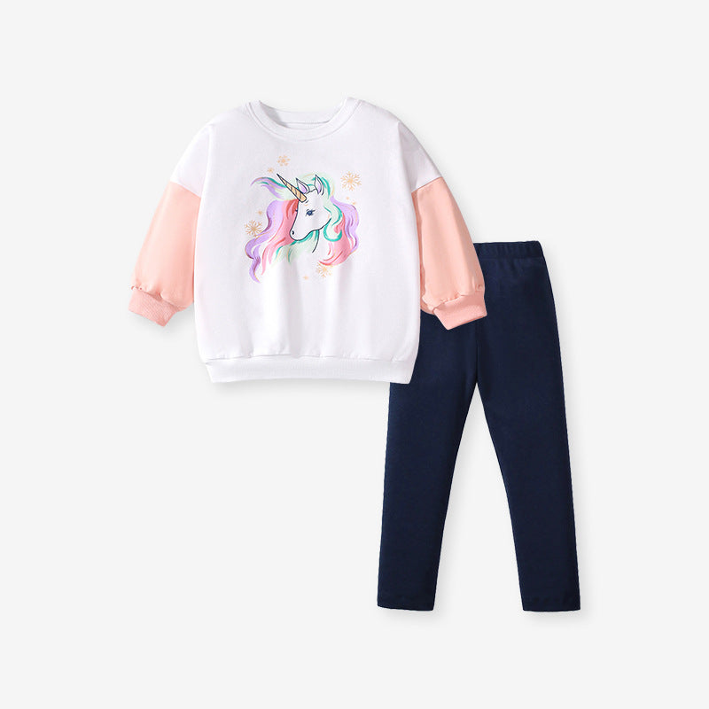 Spring And Autumn Girls Cartoon Unicorn Pattern Long Sleeves Crew Neck Top Sweatshirt And Pants Clothing Set-5