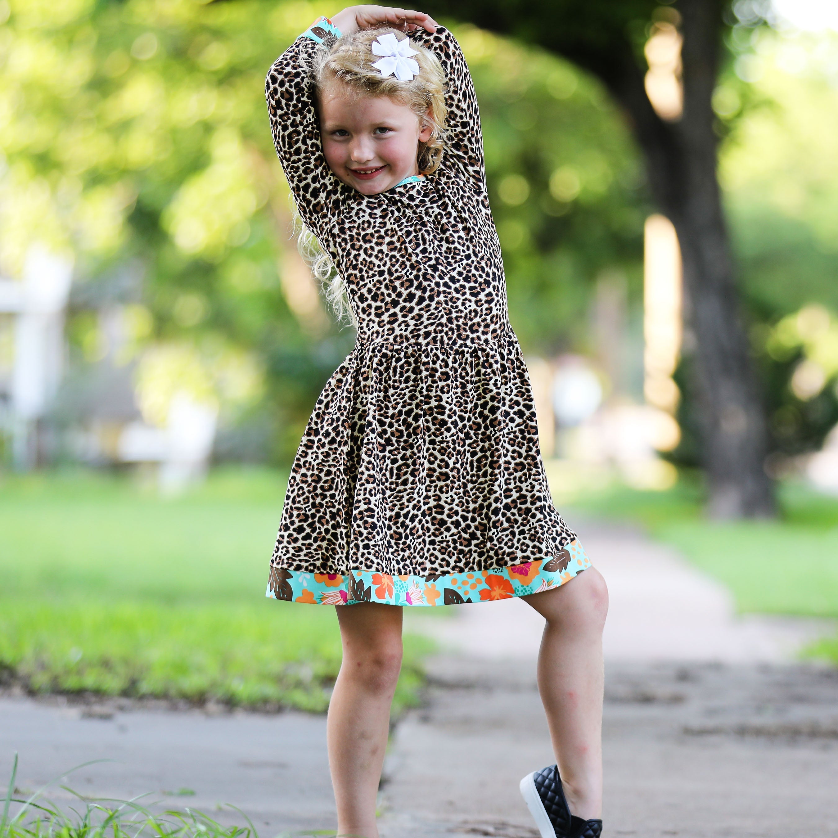 AnnLoren Little & Big Girls Long Sleeve Leopard Rose Fall Floral Dress Boutique