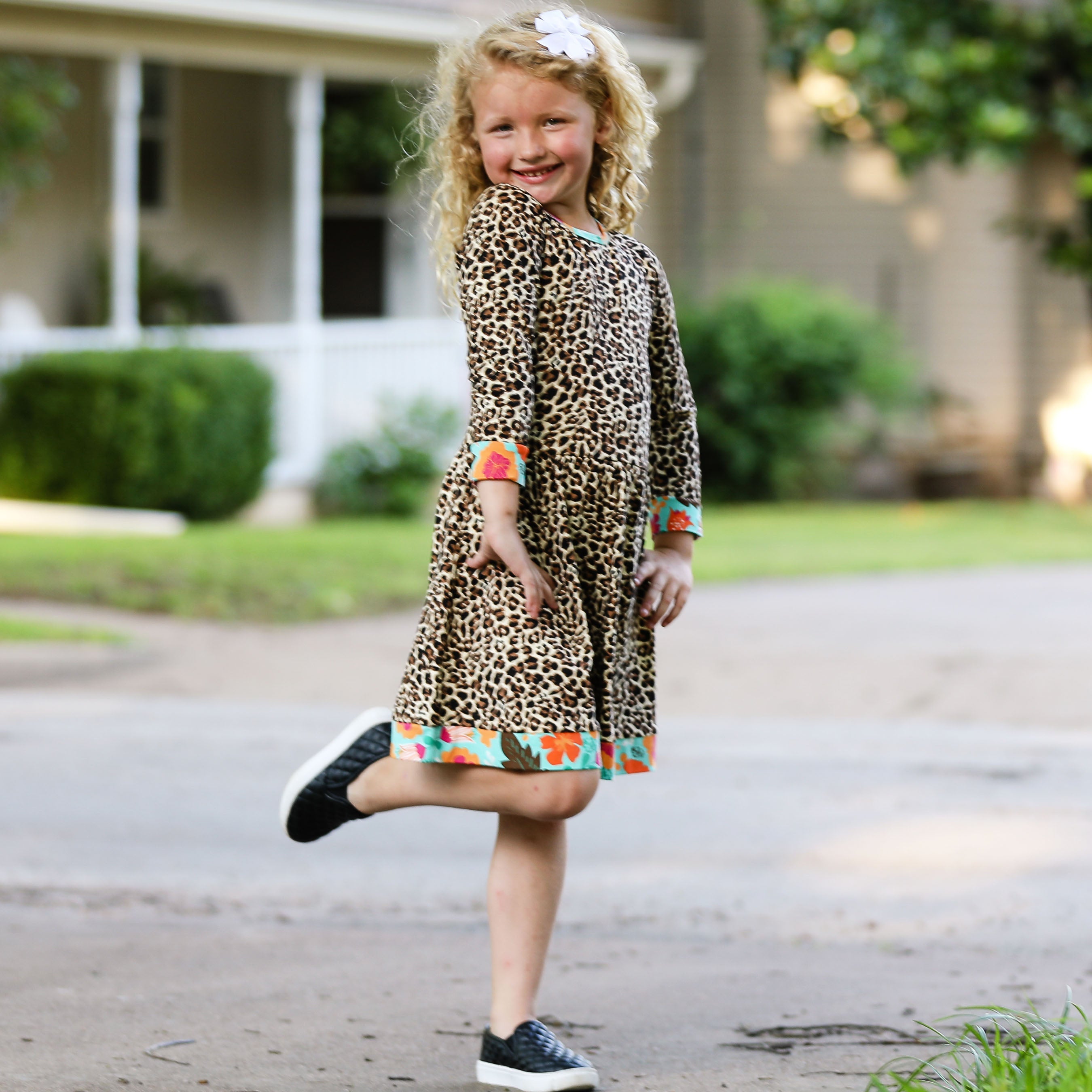 AnnLoren Little & Big Girls Long Sleeve Leopard Rose Fall Floral Dress Boutique